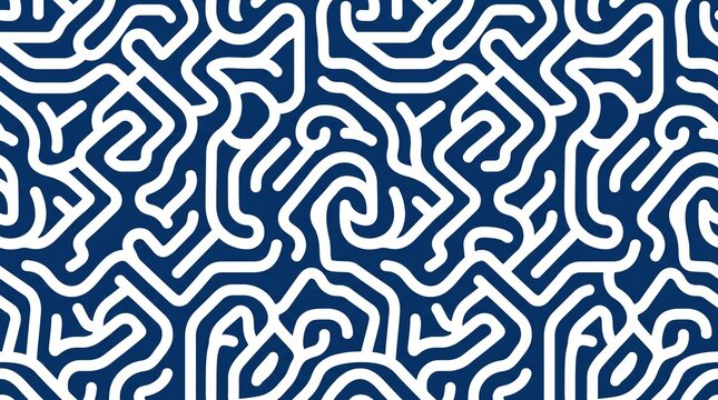 Abstract seamless blue and white maze pattern featuring organic white lines on a navy background. Labyrinthine geometric design for digital textures, web backgrounds, and textile prints.