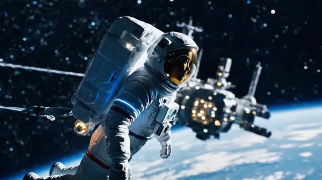 Astronaut performing spacewalk near orbital space station.