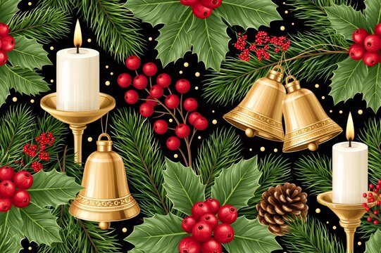 Christmas pattern featuring holly, bells, candles, and pine branches