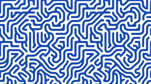 Seamless blue and white Turing pattern abstract geometric maze. Interconnected organic lines creating a complex labyrinth texture. Modern minimal graphic design background for web and print.