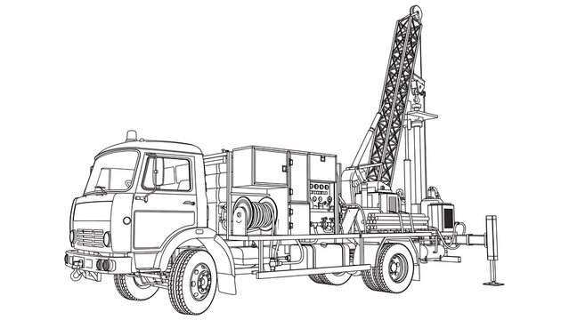 Industrial drilling truck illustration white background.