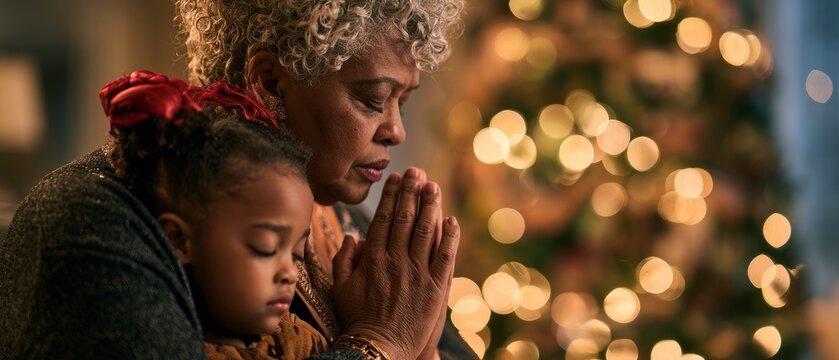 Grandmother and Granddaughter Praying Together at Christmas