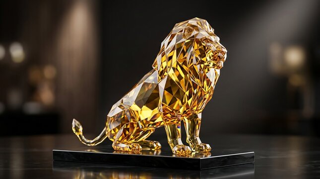 Golden crystal lion sculpture regal pose dramatic lighting