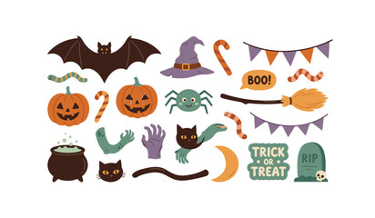 Fototapeta premium Halloween cute vector element collection set with spooky bat pumpkin jackolantern witch hat spider cauldron broom zombie hand tombstone