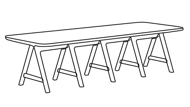 Long trestle table with sawhorse legs white background.