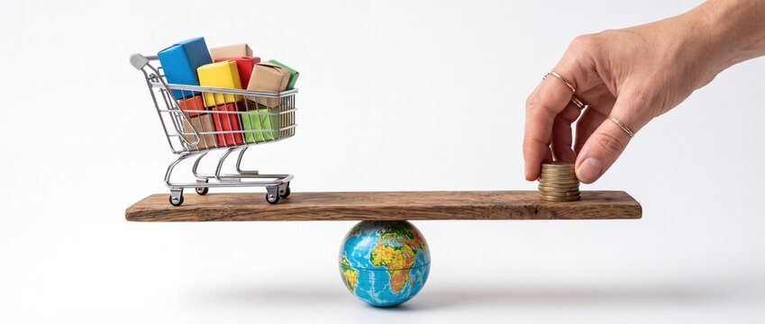 Global Consumer Spending Balance with Shopping Cart and Coins