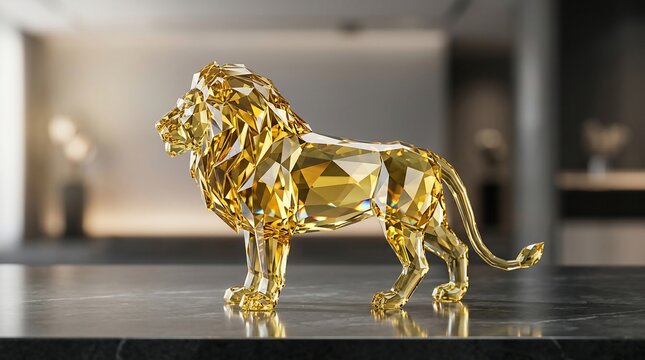 Golden lion crystal sculpture majestic animal symbol elegance prosperity luxury