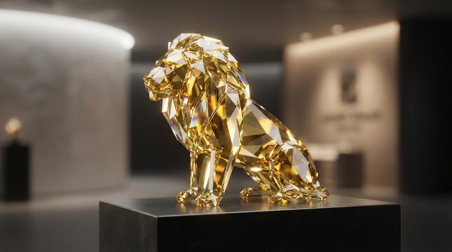 Golden lion sculpture reflecting light in modern interior setting