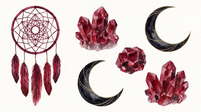 Mystical watercolor dreamcatcher and crystal set, dark red gemstones, black crescent moons with gold accents, spiritual bohemian design elements for magic and wellness.