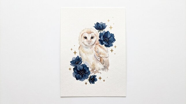 Enchanting barn owl watercolor illustration, elegant nocturnal bird with dark blue floral accents, magical forest creature art, mystical wildlife design element.