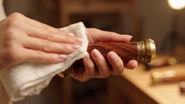 Close-up of hands meticulously polishing a handcrafted wooden handle with brass.