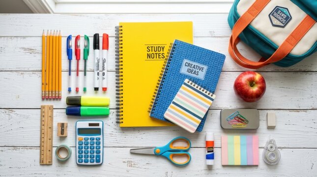 Back to school supplies flat lay on white wooden surface background with blue backpack, notebooks, pens, calculator, ruler, scissors and red apple.