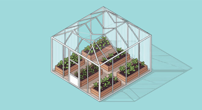 Isometric vector illustration of a modern glass greenhouse filled with green plants in raised wooden beds.