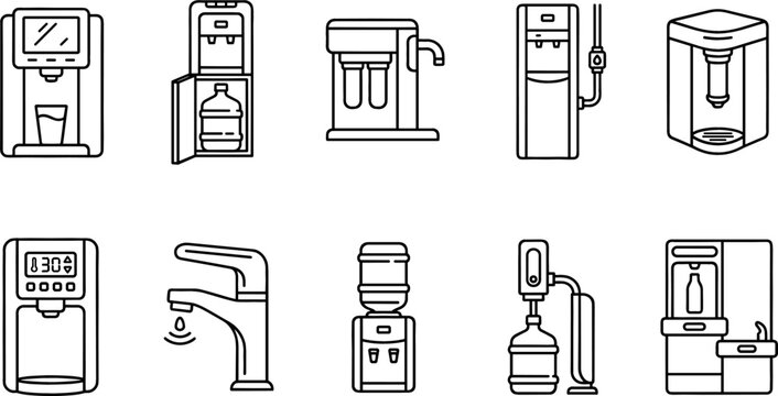 Home and Office Water Purification and Dispenser Systems Line Icon Set Featuring Reverse Osmosis Filters Smart Faucets Countertop Dispensers and Water Fountains