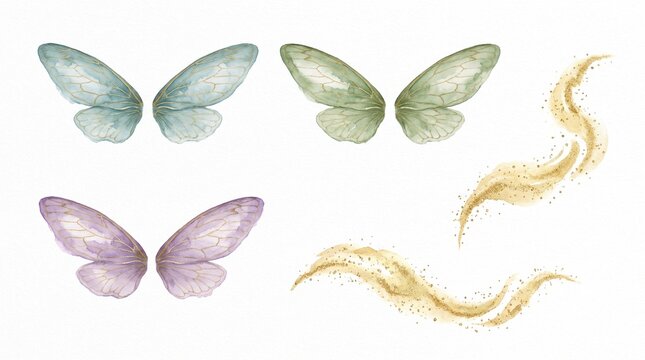 Delicate watercolor fairy wings, ethereal pastel insect wings, magical pixie dust elements, whimsical fantasy design assets for enchanting projects