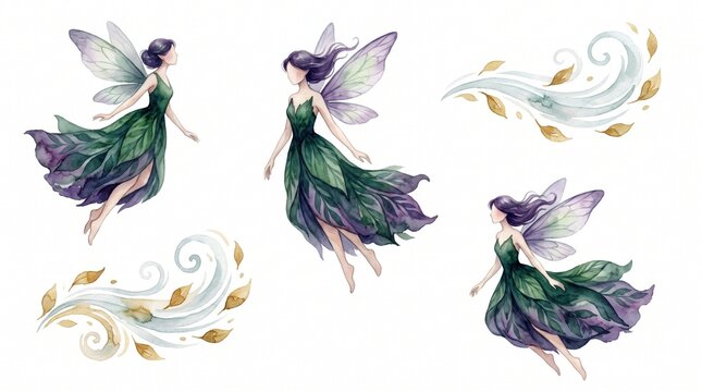 Enchanting watercolor fairy illustrations, a magical collection of ethereal flying fairies with delicate wings and flowing green dresses, whimsical fantasy art for children's books and mystical