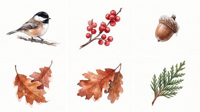 Autumn watercolor nature elements, a charming chickadee bird, vibrant red berries, and rustic oak leaves. Hand-painted fall botanical illustrations for seasonal designs.