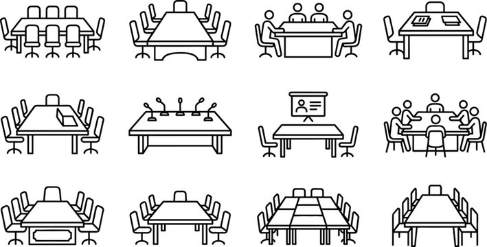 Office Conference Table and Meeting Room Line Icon Set Featuring Boardroom Tables Chairs Presentation Screens Microphones and Business Collaboration Groups