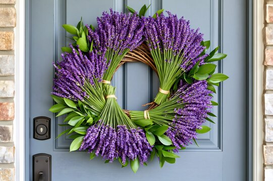 Lavender and green wreath hanging on a blue door