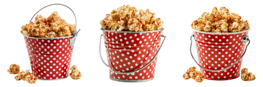 Set of A colorful striped container overflowing with sweet caramel-coated popcorn on transparent png background. Ai generated