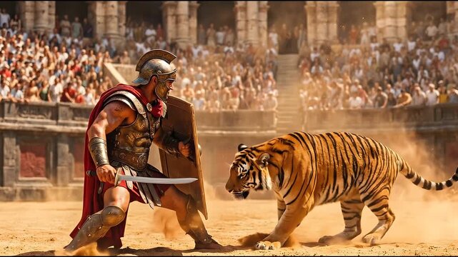 Roman Gladiator Fighting a Bengal Tiger in Ancient Colosseum Arena