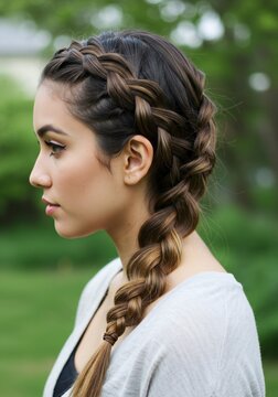 Beautiful Woman with Braided Hairstyle Outdoors