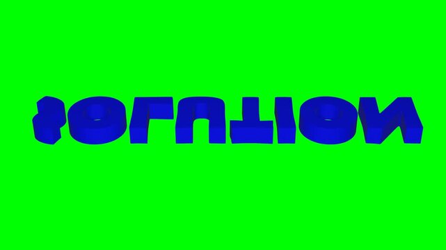 Seamless blue 3D solution text rotating on green screen background. A rotating 3D animated blue text reading "SOLUTION" against a pure green screen background.