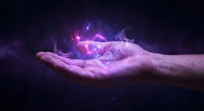 Human hand holding vibrant swirling cosmic energy glowing with deep purple and bright blue light in a dark ethereal atmosphere