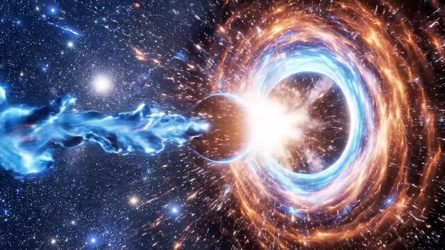 Black hole devouring blue planet in starry outer space