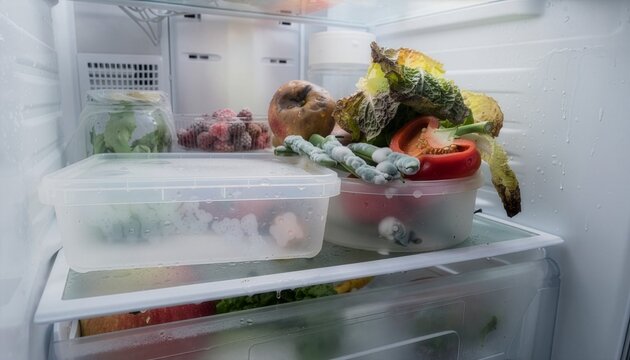 Close-up inside a refrigerator packed with forgotten leftovers and fresh produce beginning to deteriorate, soft mold spots on vegetables, wilted lettuce, aging fruit and cloudy food containers.