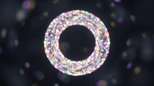 黒背景に輝く紫と緑のボケ光がメビウスの輪へ収束する抽象的な3DCGホログラムループ背景