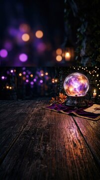 Magic crystal ball glowing on wooden table with purple cloth and autumn leaves near candle in dark room with blurred background lights.