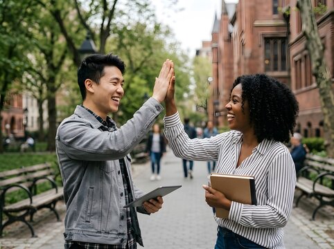 Happy diverse students giving a high five on a university campus