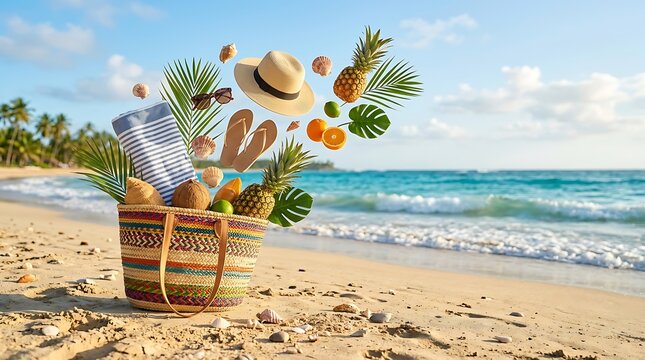 Woven straw beach bag on sandy shore with flying summer accessories like hat, sunglasses, sandals, pineapples, and tropical fruits under blue sky