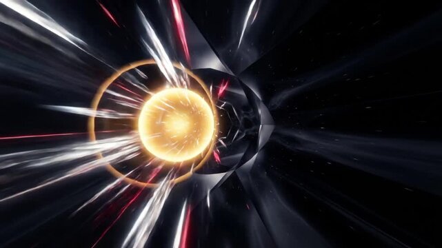 漆黒の宇宙空間をワープするように迫る黄金のコアとルビー色の光線の抽象的な3DCG背景