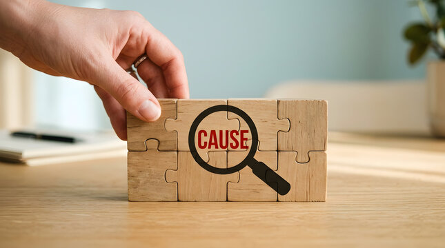 Hand placing puzzle piece labeled cause under magnifying glass