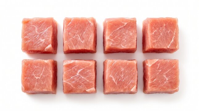Raw Pork Meat Cubes Arranged in Clean Grid Pattern Isolated on White Background