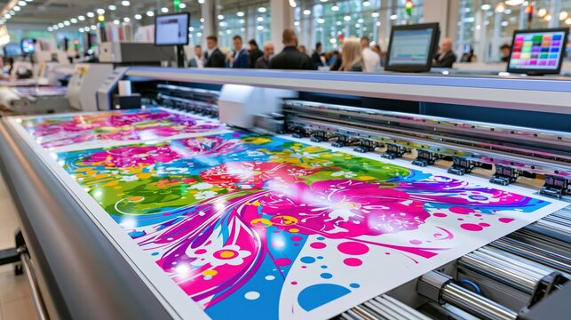 Large format printer creates vibrant colorful designs on paper.