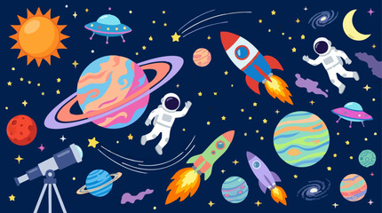 Vibrant Cartoon Space Scene with Planets, Astronauts, Rockets, and Stars © Siamart