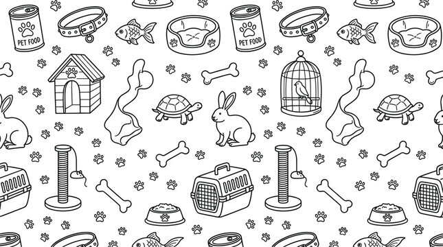 Pet shop seamless pattern background with line doodles of domestic animals veterinary accessories and pet care supplies
