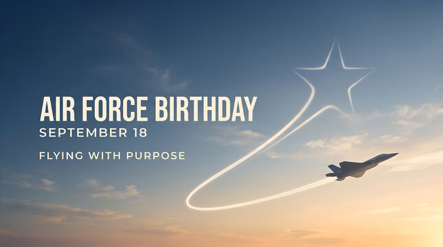 Air Force Birthday banner featuring a jet silhouette soaring through the sky, leaving a smoke trail shaped like a star at sunset with the motto "Flying with Purpose".
