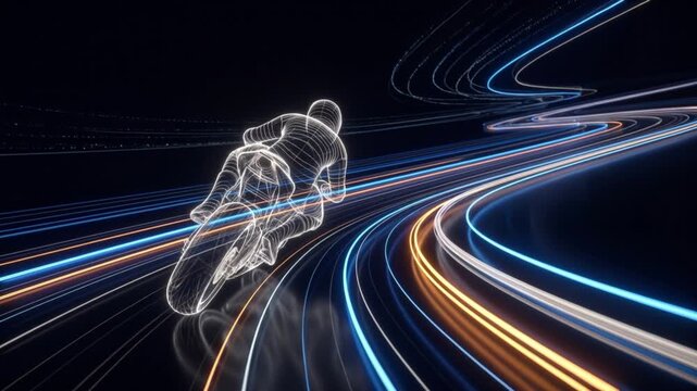 漆黒のサイバー空間でコーナーを疾走するワイヤーフレームのバイクライダーの抽象的な3DCG背景