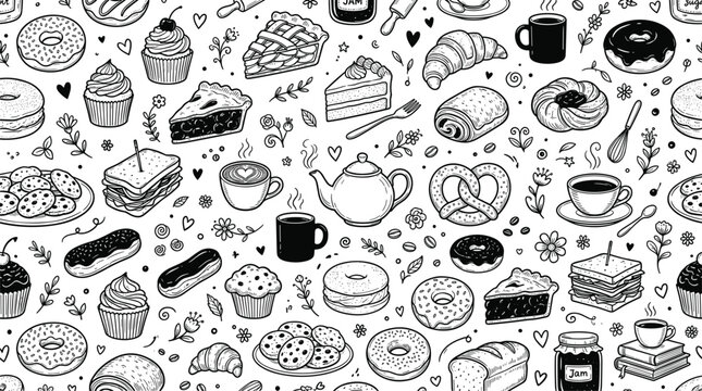 Bakery and cafe seamless pattern with doodle sketches of cakes donuts pastries coffee and sweet desserts