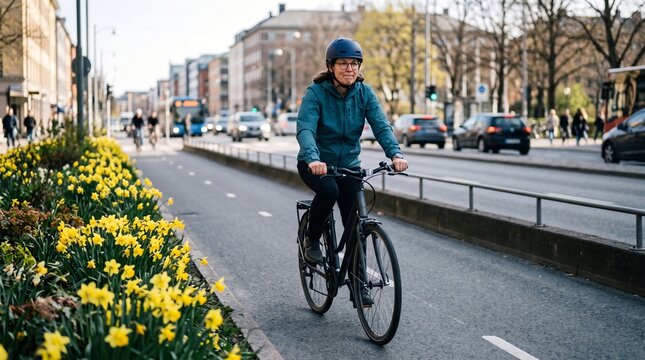 Adult caucasian woman riding bicycle on urban cycle lane near blooming flowers. Female cyclist enjoying daily cycling commute along city street path.