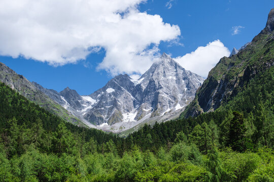 Landscape of the four girls mountain range and greenery forest in Chengdu, China