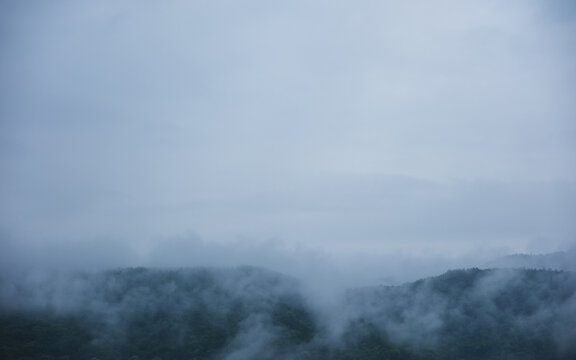 Landscape of the fog flowing over mountains and forest in the morning