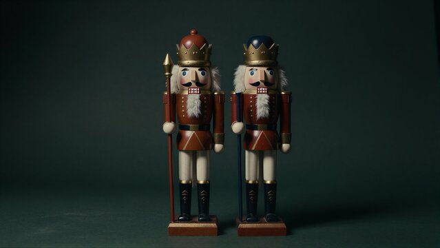 Two wooden nutcracker soldiers stand side by side, dressed in regal armor.