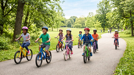 Fototapeta premium A diverse group of happy children riding bicycles together on a paved path in the park.