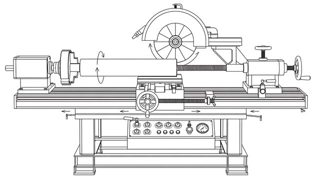 Industrial lathe machine technical drawing white background.
