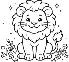 Fototapeta premium Cute Lion Sitting In Garden - Adorable Friendly Wild Animal Coloring Page Illustration